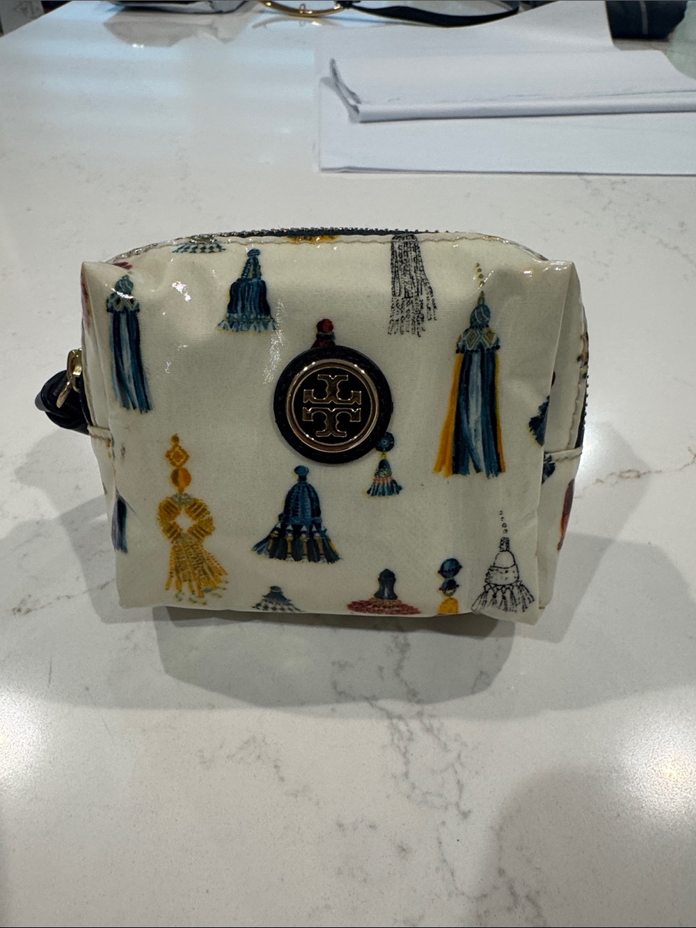 Tory Burch Ivory Tassel Print Cosmetic Pouch with Gold Logo